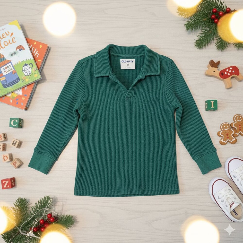 Old Navy Waffle Knit Polo Shirt Green 5T
